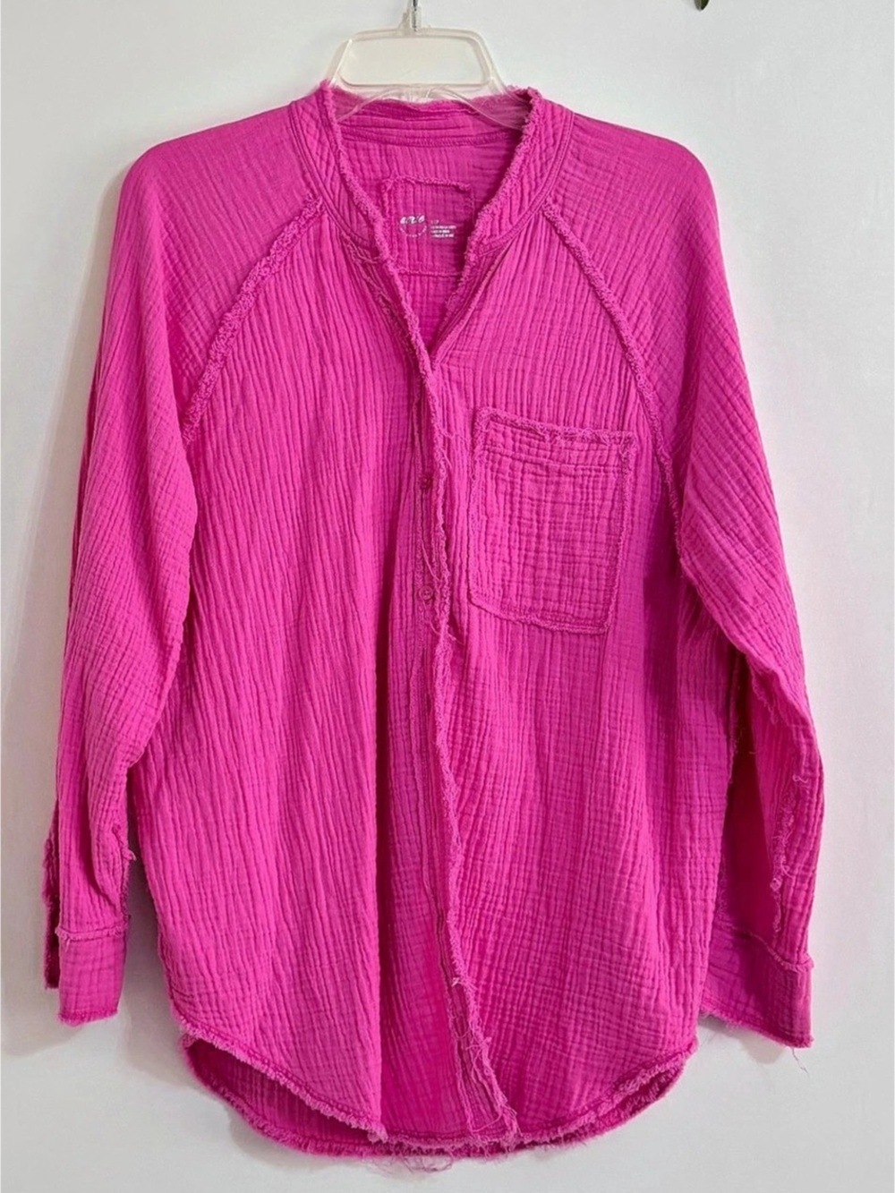 Aerie Gauze Button Down Shirt Raw Hem in Pink Size Small
